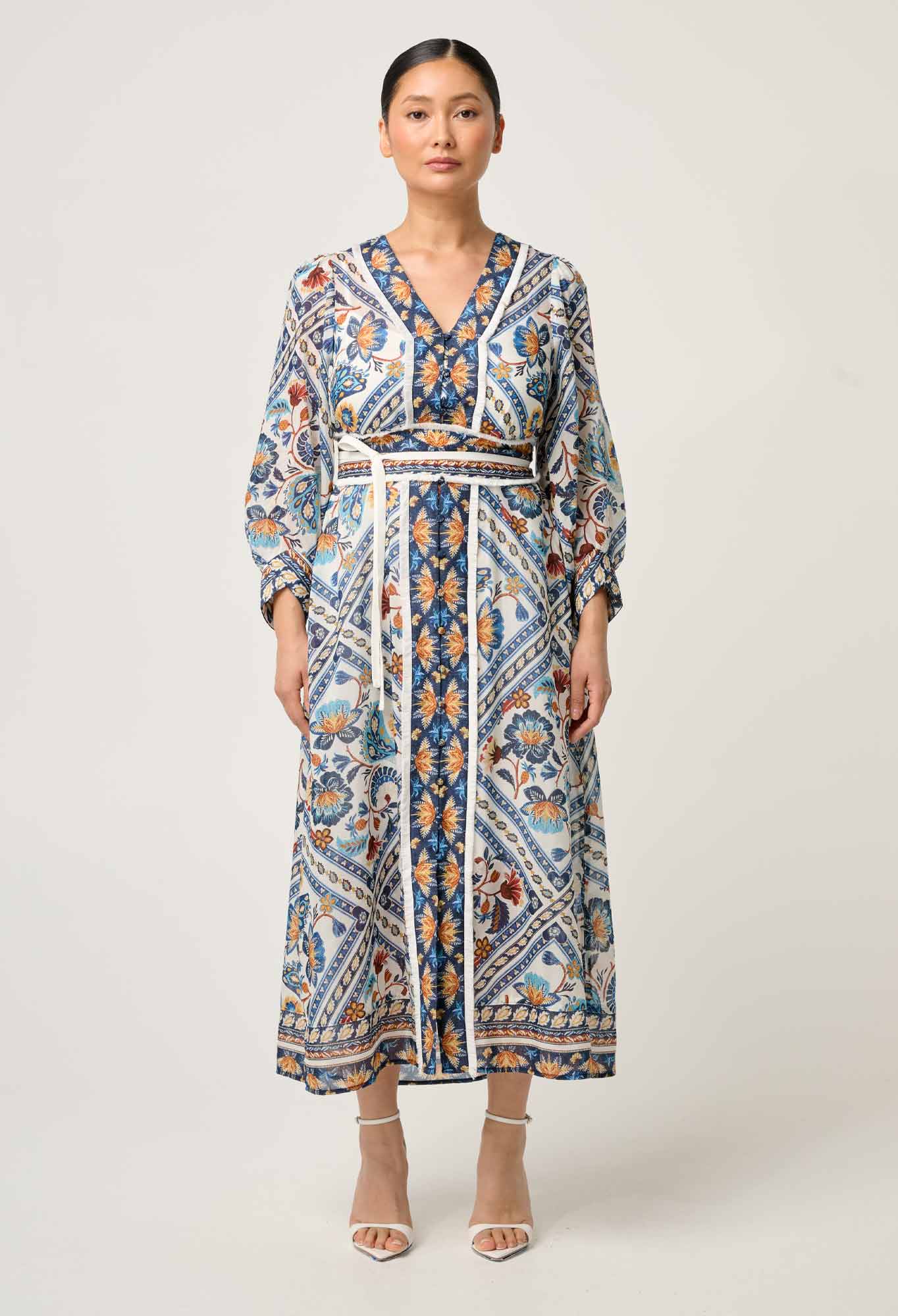 OnceWas PETITE Alexis Silk Cotton Midi Dress in Petinos Floros