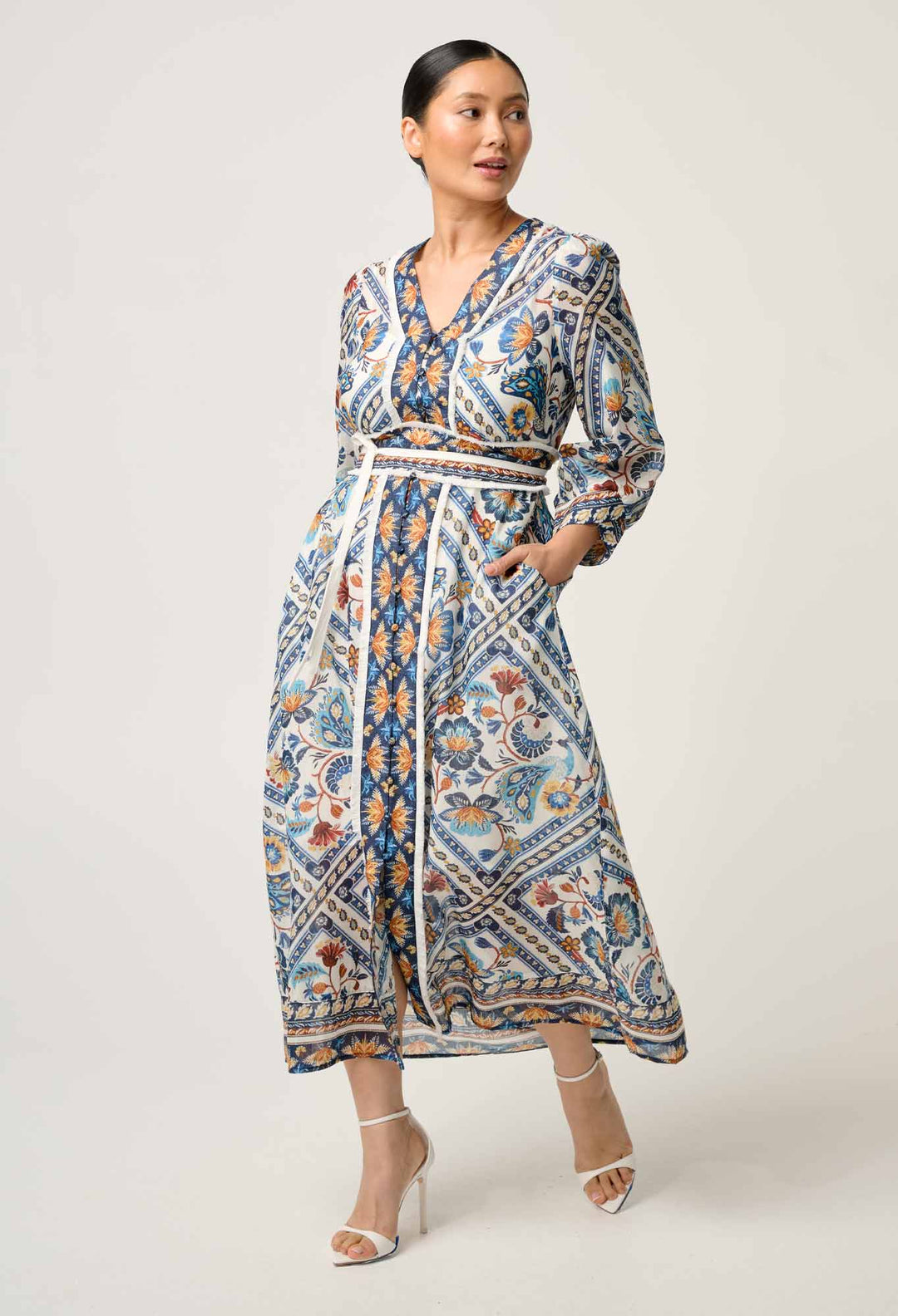 OnceWas PETITE Alexis Silk Cotton Midi Dress in Petinos Floros