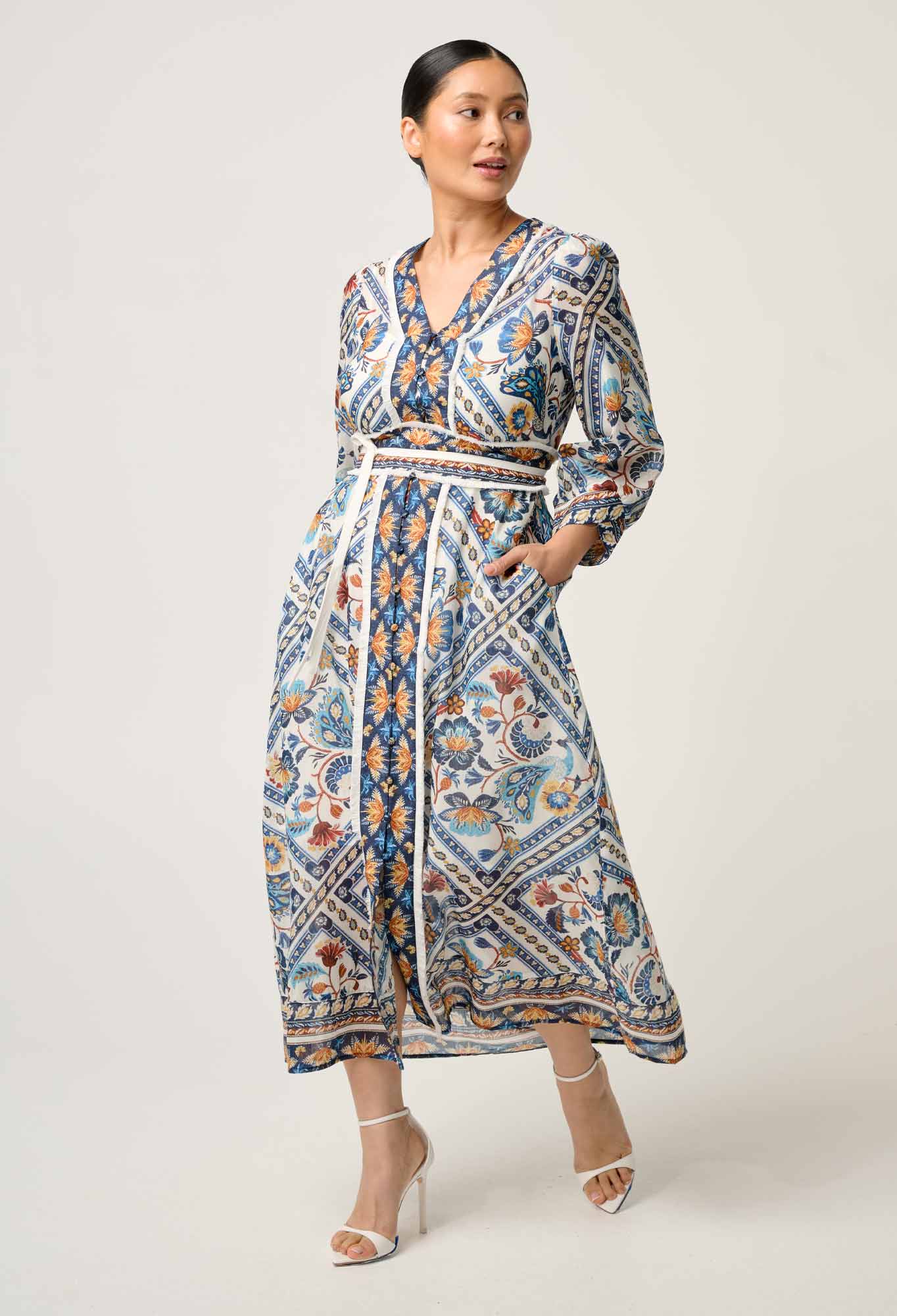 OnceWas PETITE Alexis Silk Cotton Midi Dress in Petinos Floros