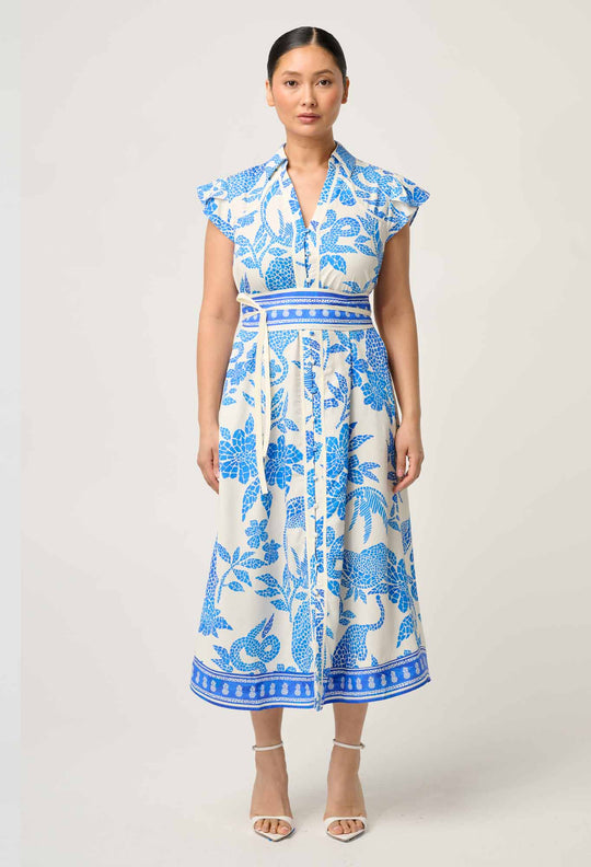 OnceWas PETITE Callista Viscose Dobby Petal Sleeve Dress in Azure Mosaic