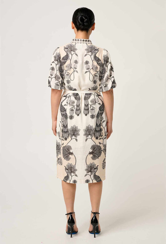 OnceWas PETITE Gaia Lace Spliced Linen Viscose Dress in Imperial Stone