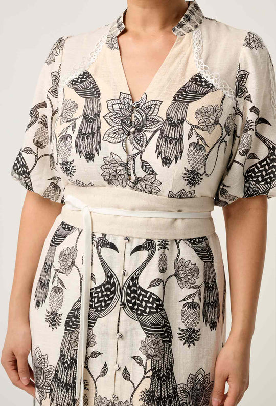 OnceWas PETITE Gaia Lace Spliced Linen Viscose Dress in Imperial Stone