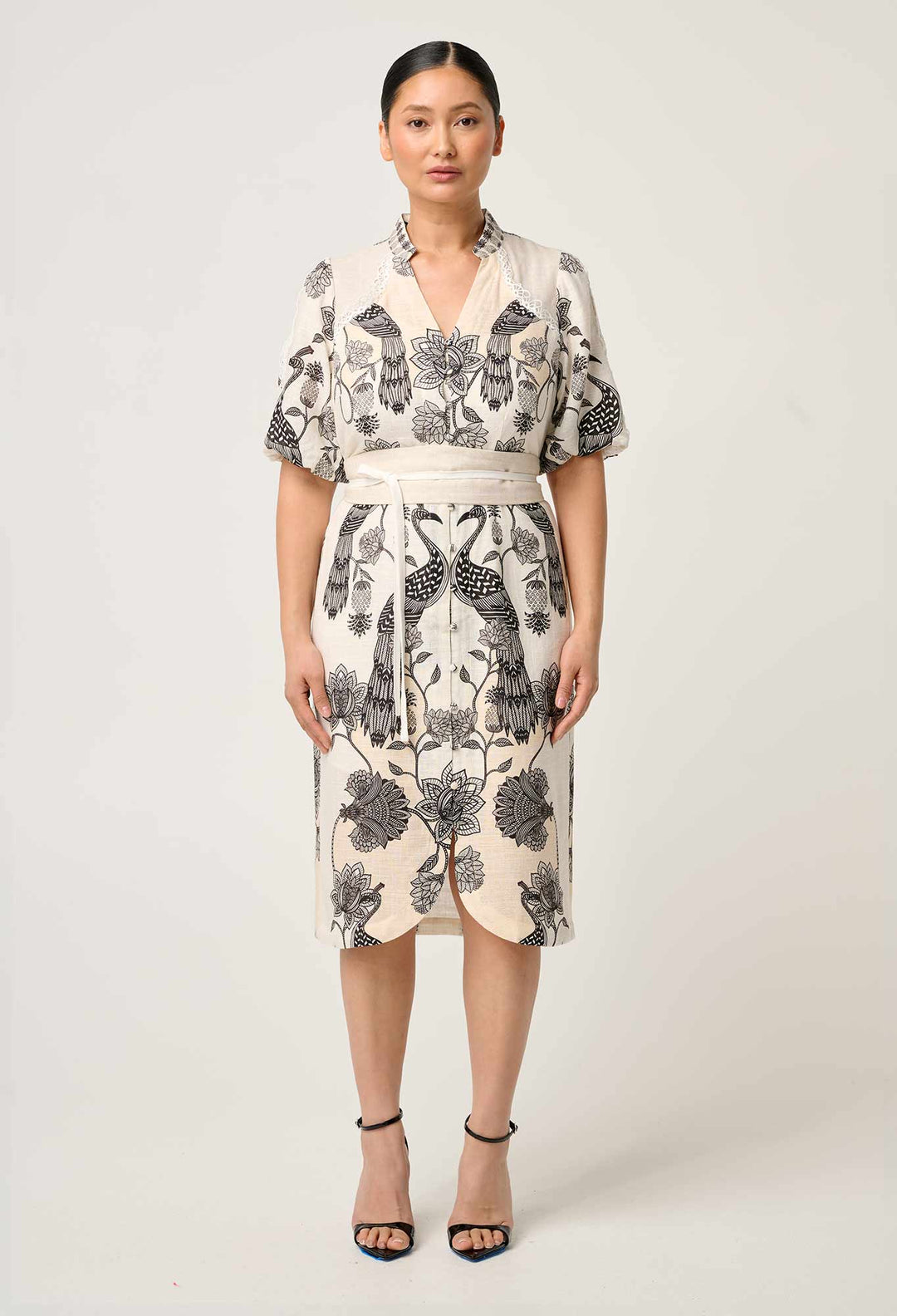 OnceWas PETITE Gaia Lace Spliced Linen Viscose Dress in Imperial Stone