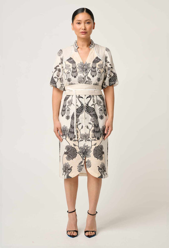 OnceWas PETITE Gaia Lace Spliced Linen Viscose Dress in Imperial Stone