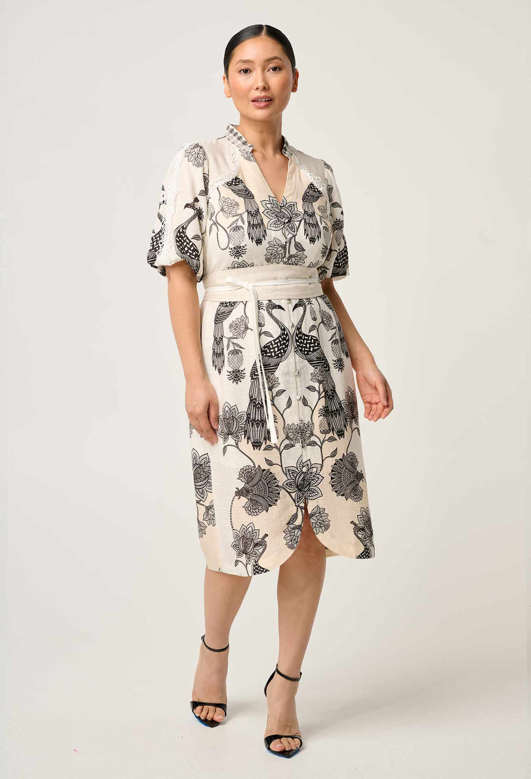 OnceWas PETITE Gaia Lace Spliced Linen Viscose Dress in Imperial Stone