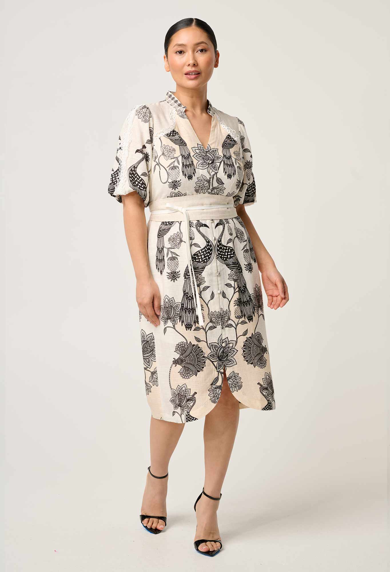 OnceWas PETITE Gaia Lace Spliced Linen Viscose Dress in Imperial Stone