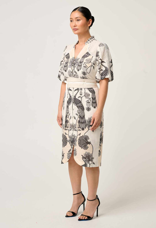 OnceWas PETITE Gaia Lace Spliced Linen Viscose Dress in Imperial Stone