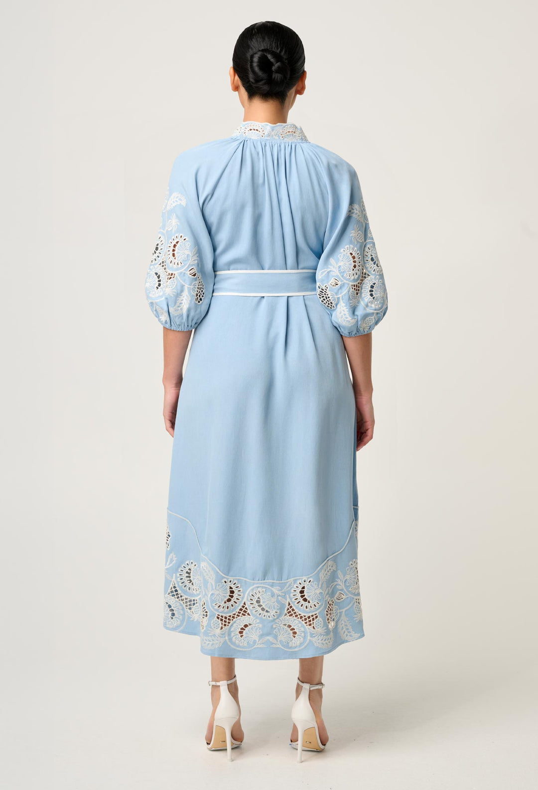 OnceWas PETITE Amara Tencel Embroidered Maxi Dress in Blue Haze