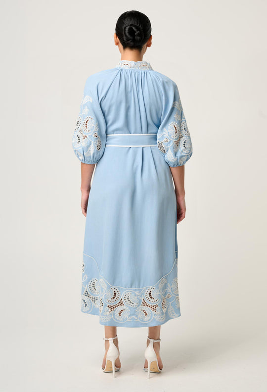 OnceWas PETITE Amara Tencel Embroidered Maxi Dress in Blue Haze