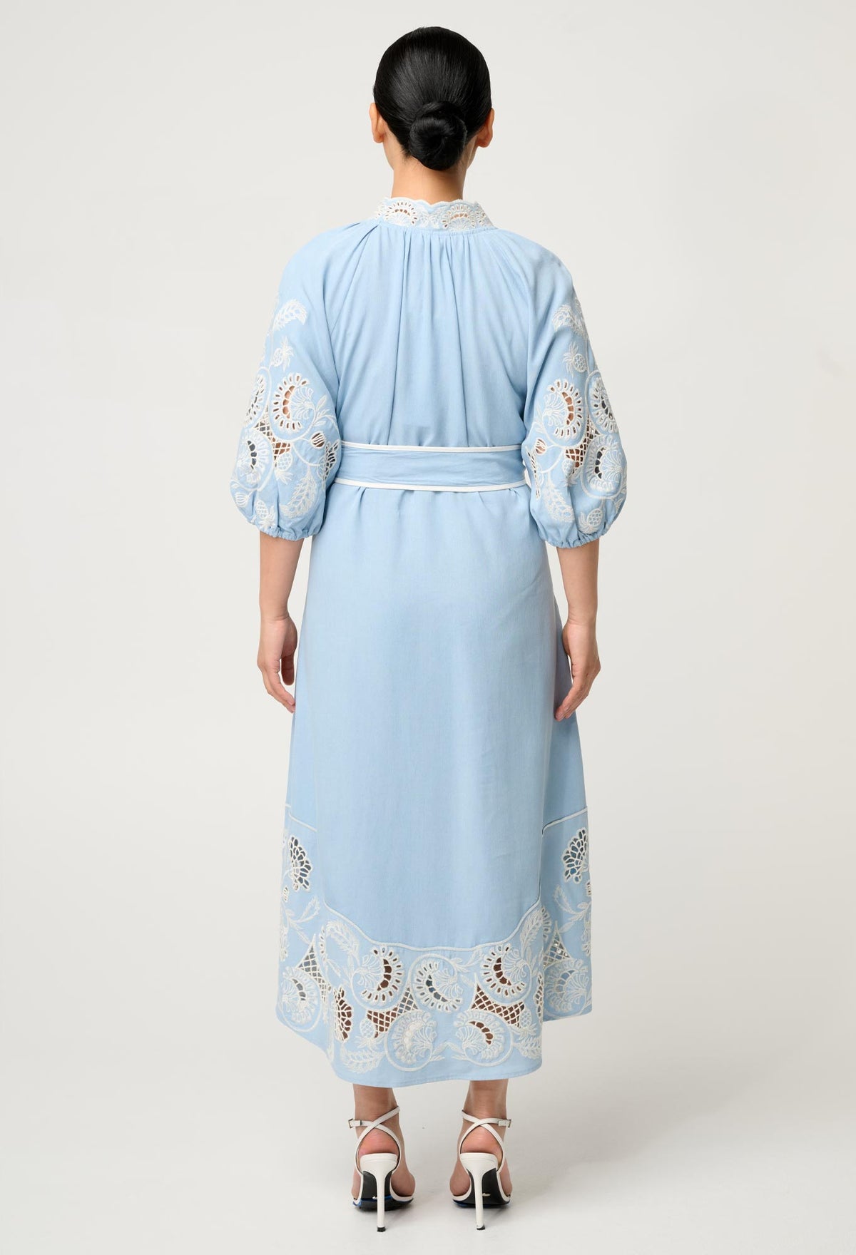 UNDER 5'4 Amara Tencel Embroidered Maxi Dress in Blue Haze