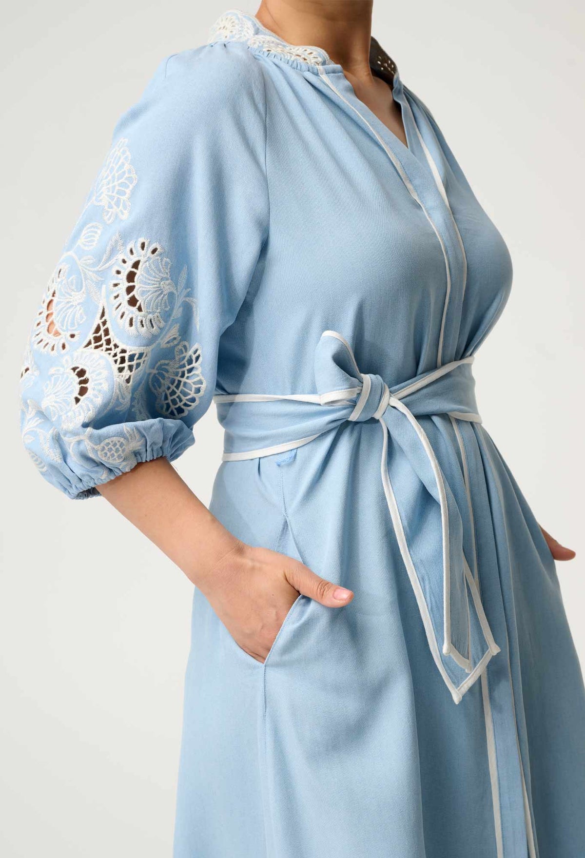 UNDER 5'4 Amara Tencel Embroidered Maxi Dress in Blue Haze
