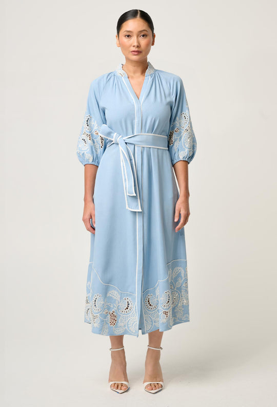 OnceWas PETITE Amara Tencel Embroidered Maxi Dress in Blue Haze