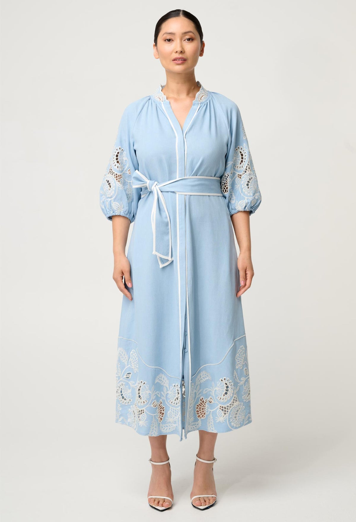 UNDER 5'4 Amara Tencel Embroidered Maxi Dress in Blue Haze