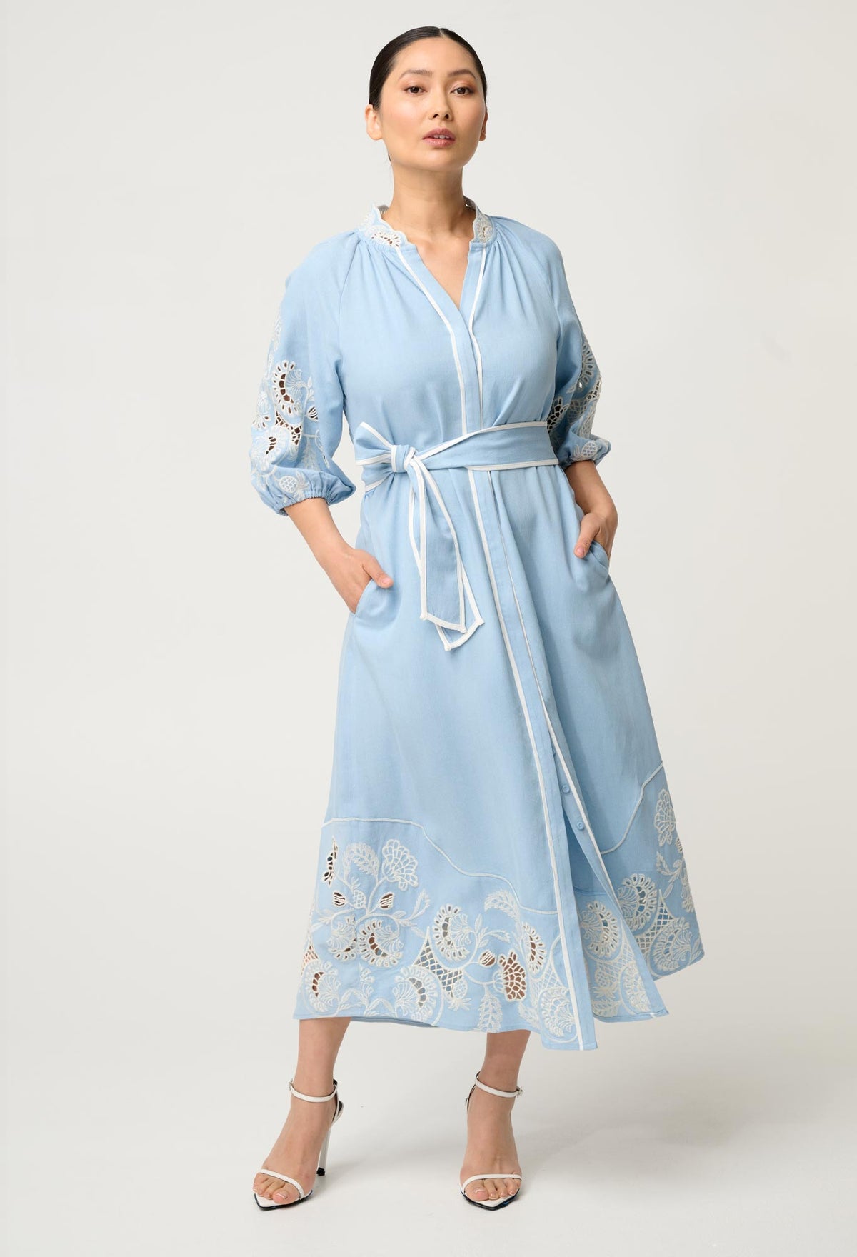 UNDER 5'4 Amara Tencel Embroidered Maxi Dress in Blue Haze