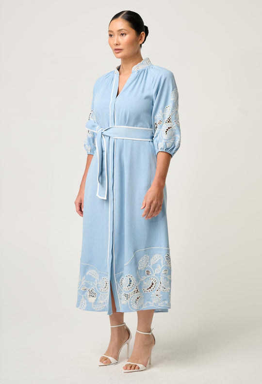 OnceWas PETITE Amara Tencel Embroidered Maxi Dress in Blue Haze