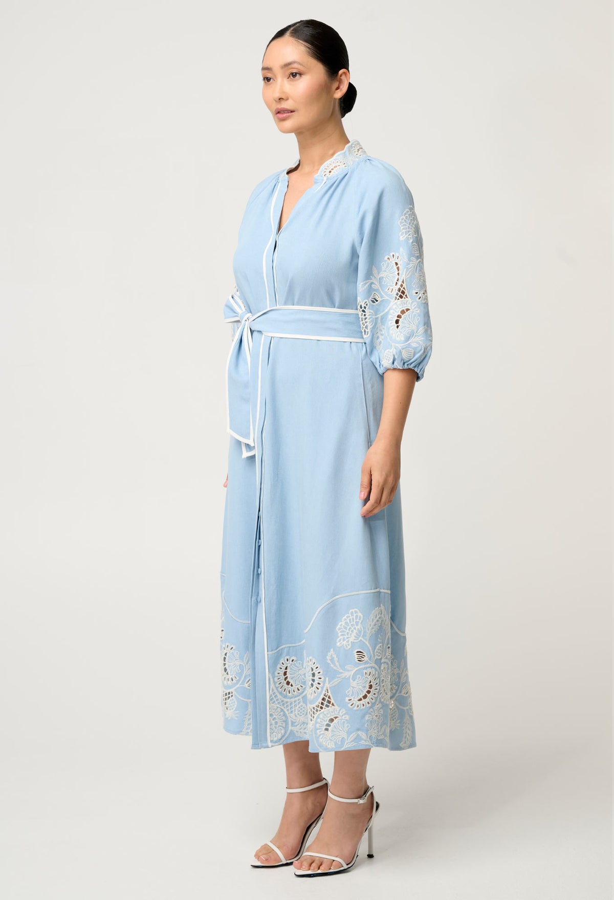 UNDER 5'4 Amara Tencel Embroidered Maxi Dress in Blue Haze