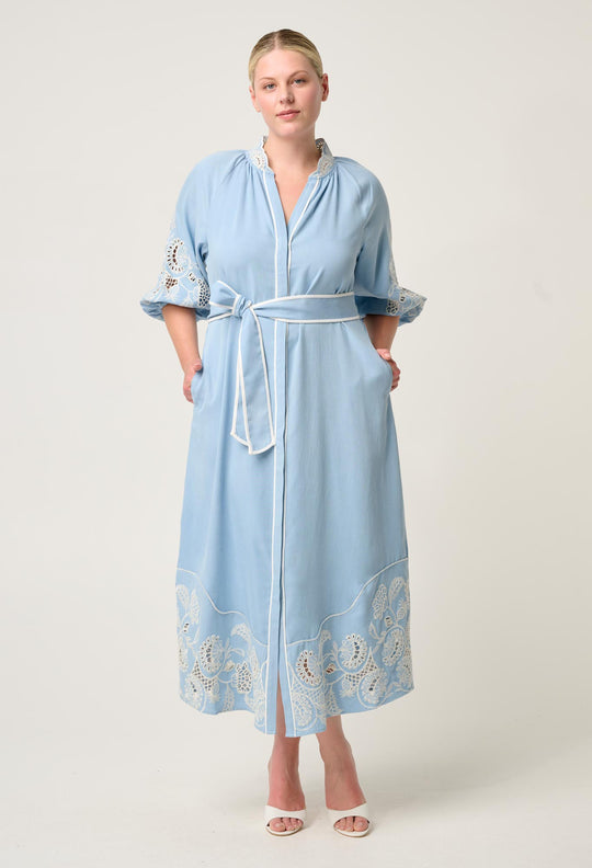 Amara Tencel Embroidered Maxi Dress in Blue Haze