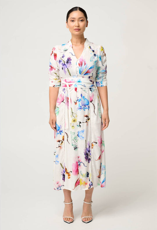 OnceWas PETITE Xenia Yoke Linen Viscose Dress in Plume Blossom