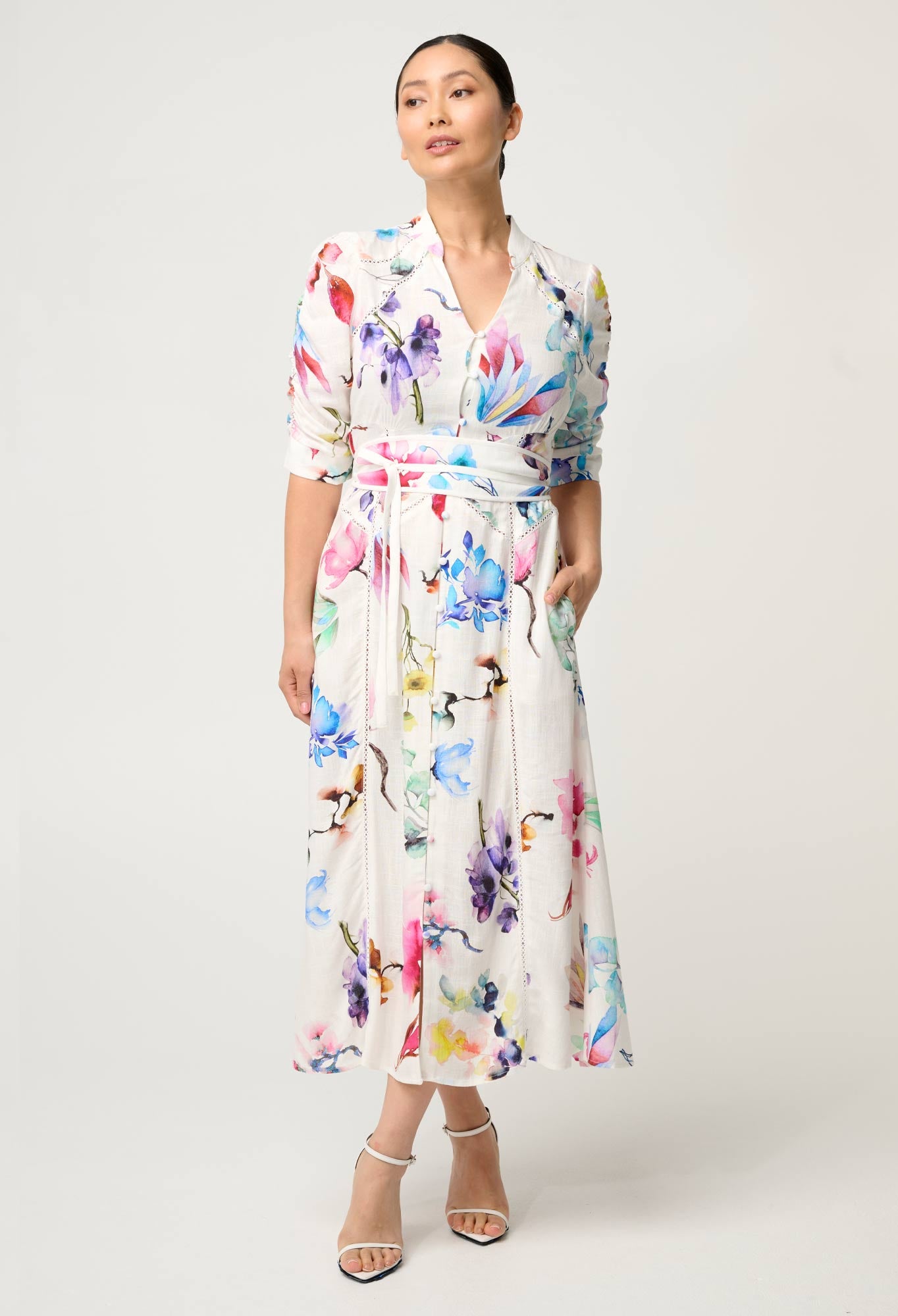 OnceWas PETITE Xenia Yoke Linen Viscose Dress in Plume Blossom