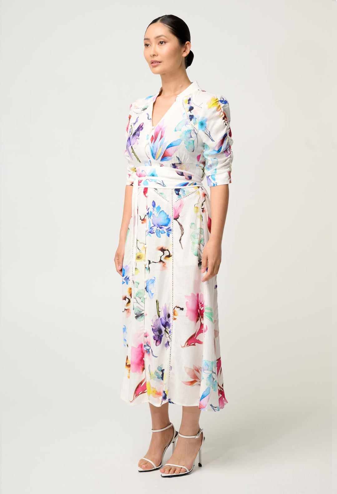 OnceWas PETITE Xenia Yoke Linen Viscose Dress in Plume Blossom
