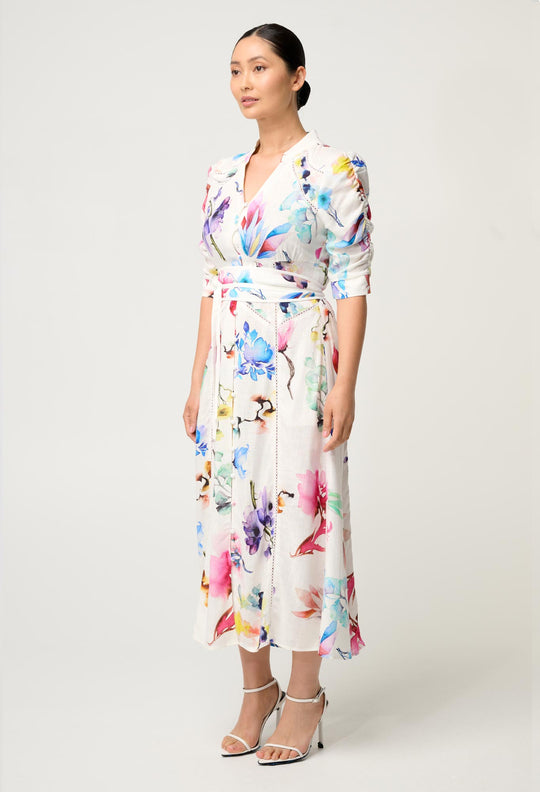 OnceWas PETITE Xenia Yoke Linen Viscose Dress in Plume Blossom