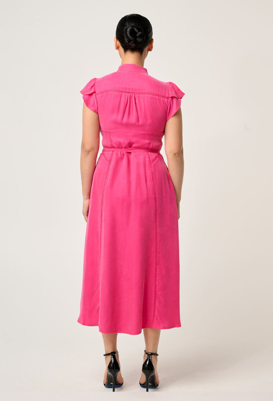 OnceWas PETITE Athena Cupro Viscose Flutter Sleeve Dress in Celosia Pink