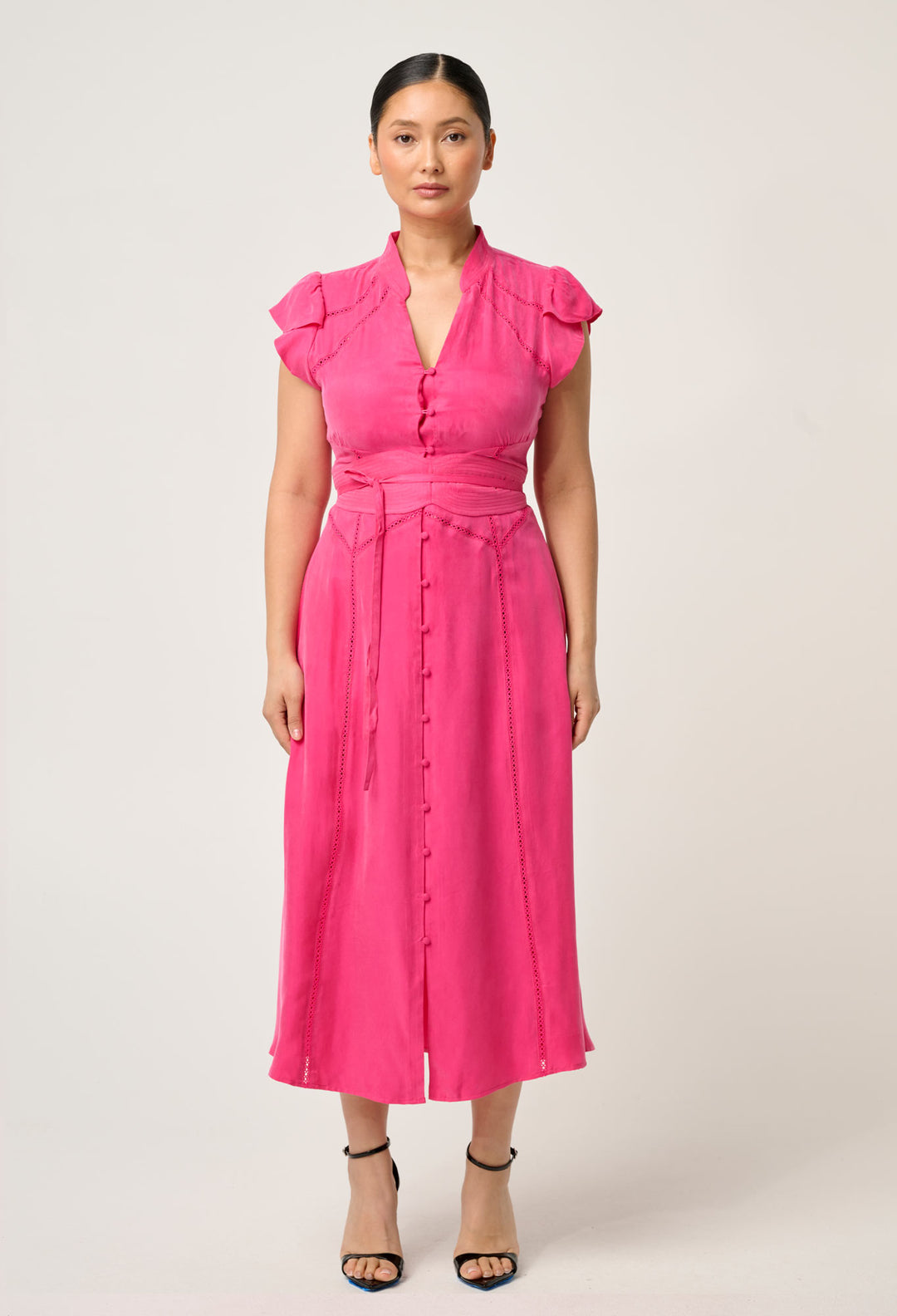 OnceWas PETITE Athena Cupro Viscose Flutter Sleeve Dress in Celosia Pink
