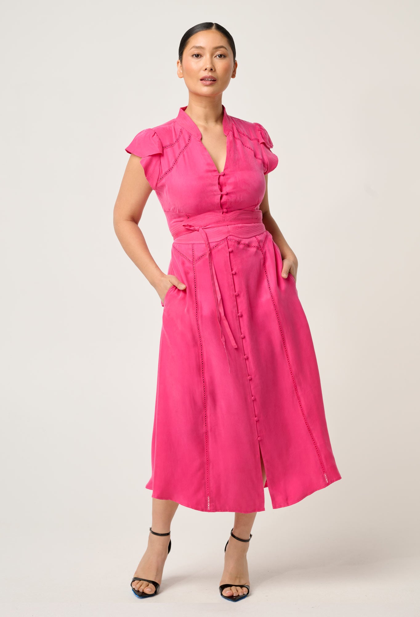 OnceWas PETITE Athena Cupro Viscose Flutter Sleeve Dress in Celosia Pink