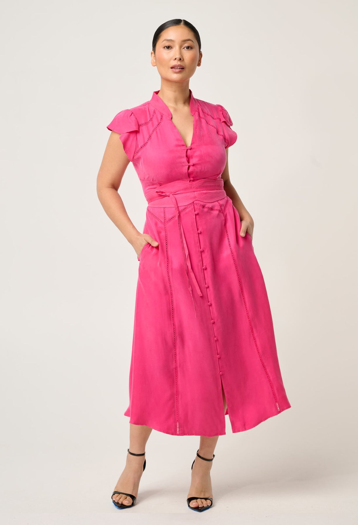 OnceWas PETITE Athena Cupro Viscose Flutter Sleeve Dress in Celosia Pink