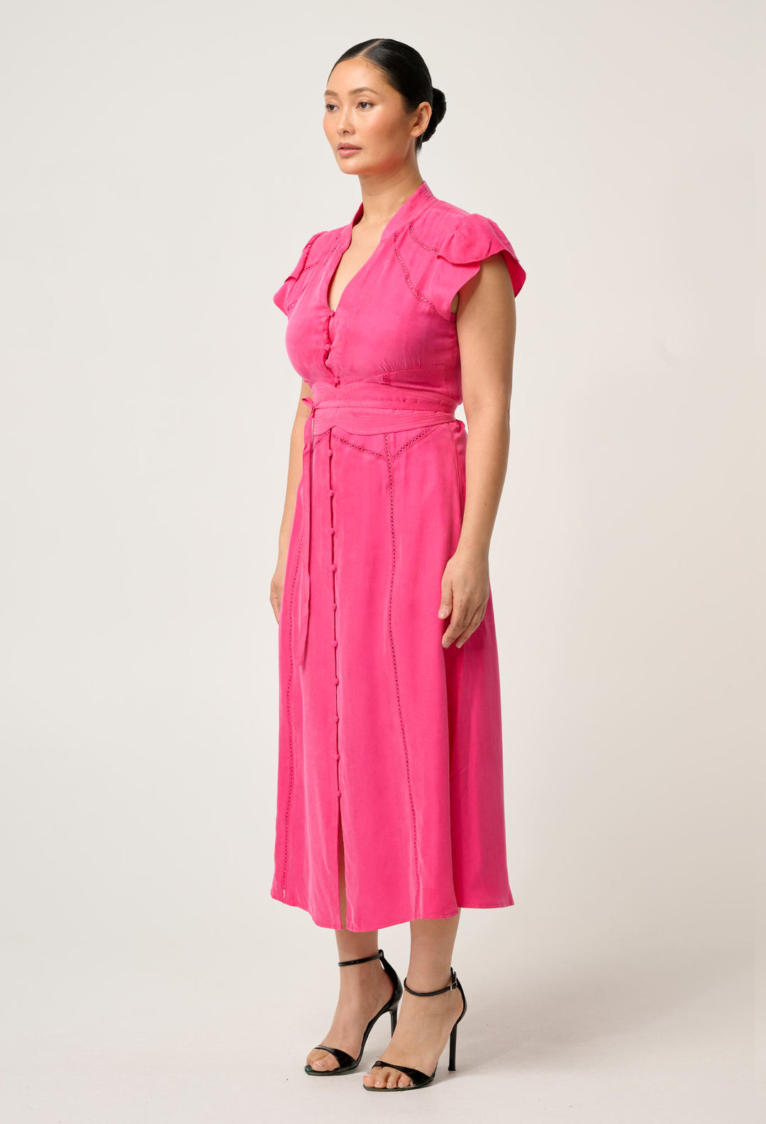 OnceWas PETITE Athena Cupro Viscose Flutter Sleeve Dress in Celosia Pink