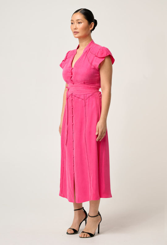 OnceWas PETITE Athena Cupro Viscose Flutter Sleeve Dress in Celosia Pink