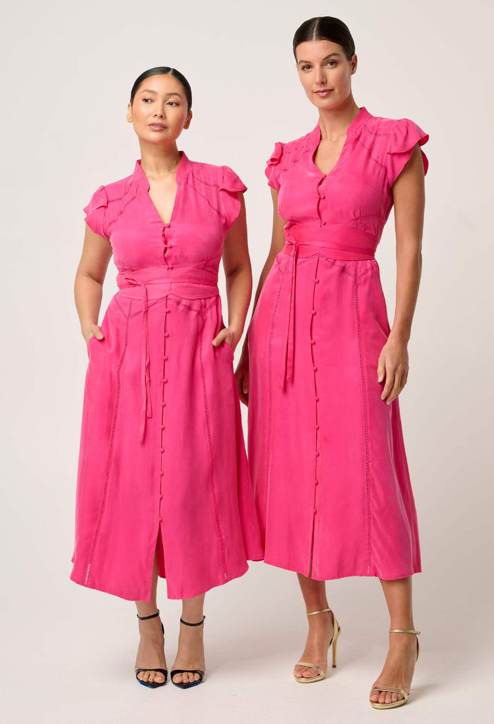 OnceWas PETITE Athena Cupro Viscose Flutter Sleeve Dress in Celosia Pink