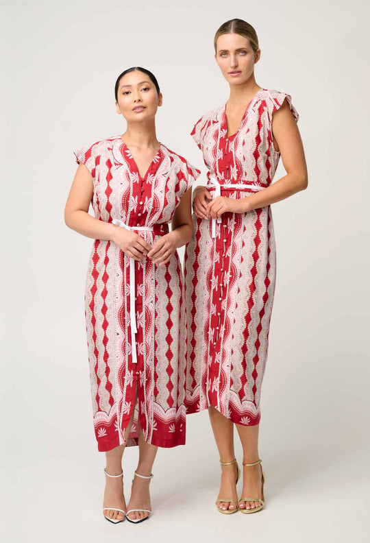 OnceWas Petite Maya Viscose Faille Lace Trim Midi Dress in Marrakech Ruby