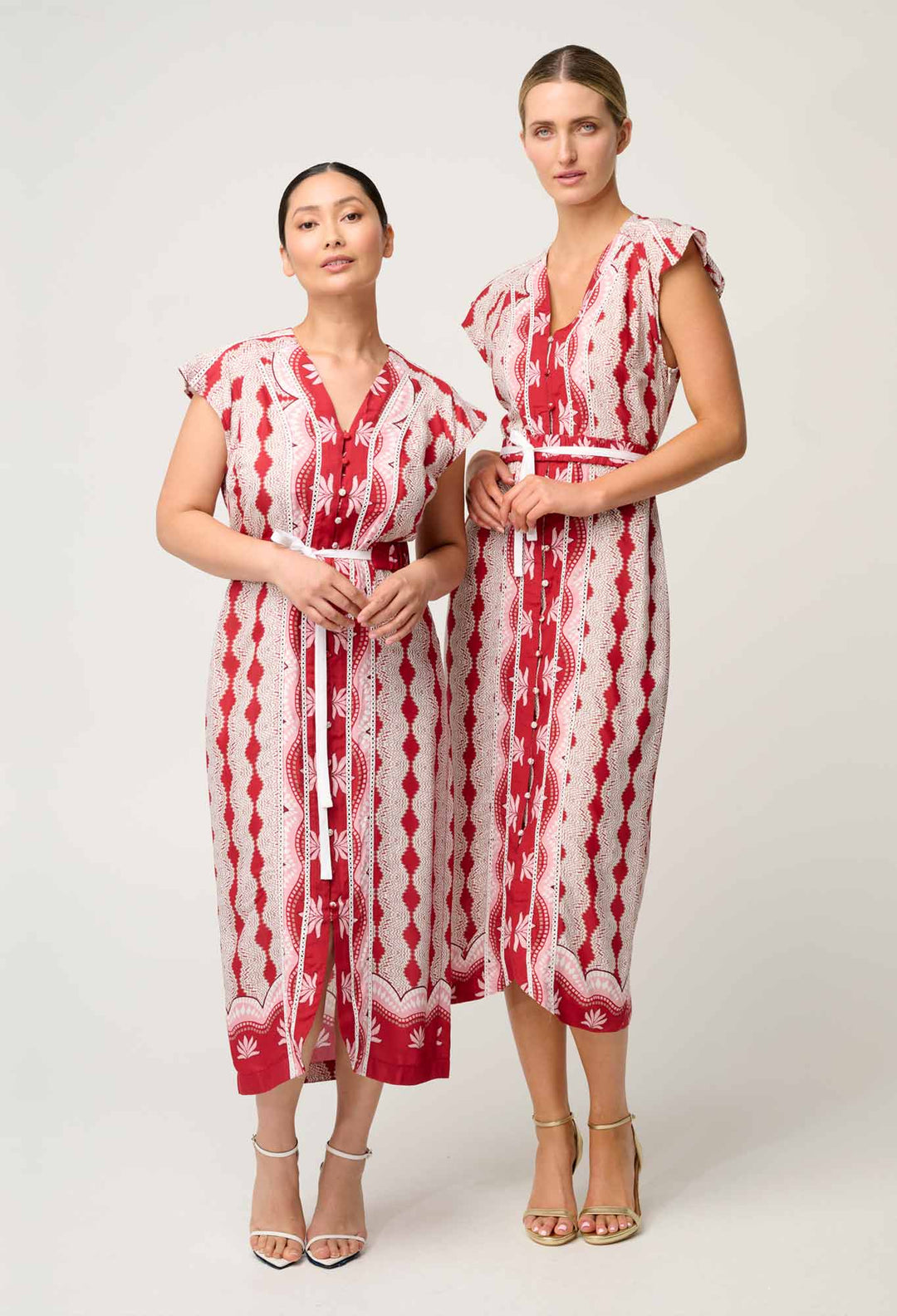 OnceWas Petite Maya Viscose Faille Lace Trim Midi Dress in Marrakech Ruby