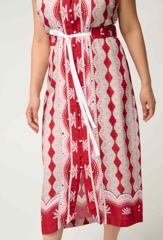 OnceWas Petite Maya Viscose Faille Lace Trim Midi Dress in Marrakech Ruby