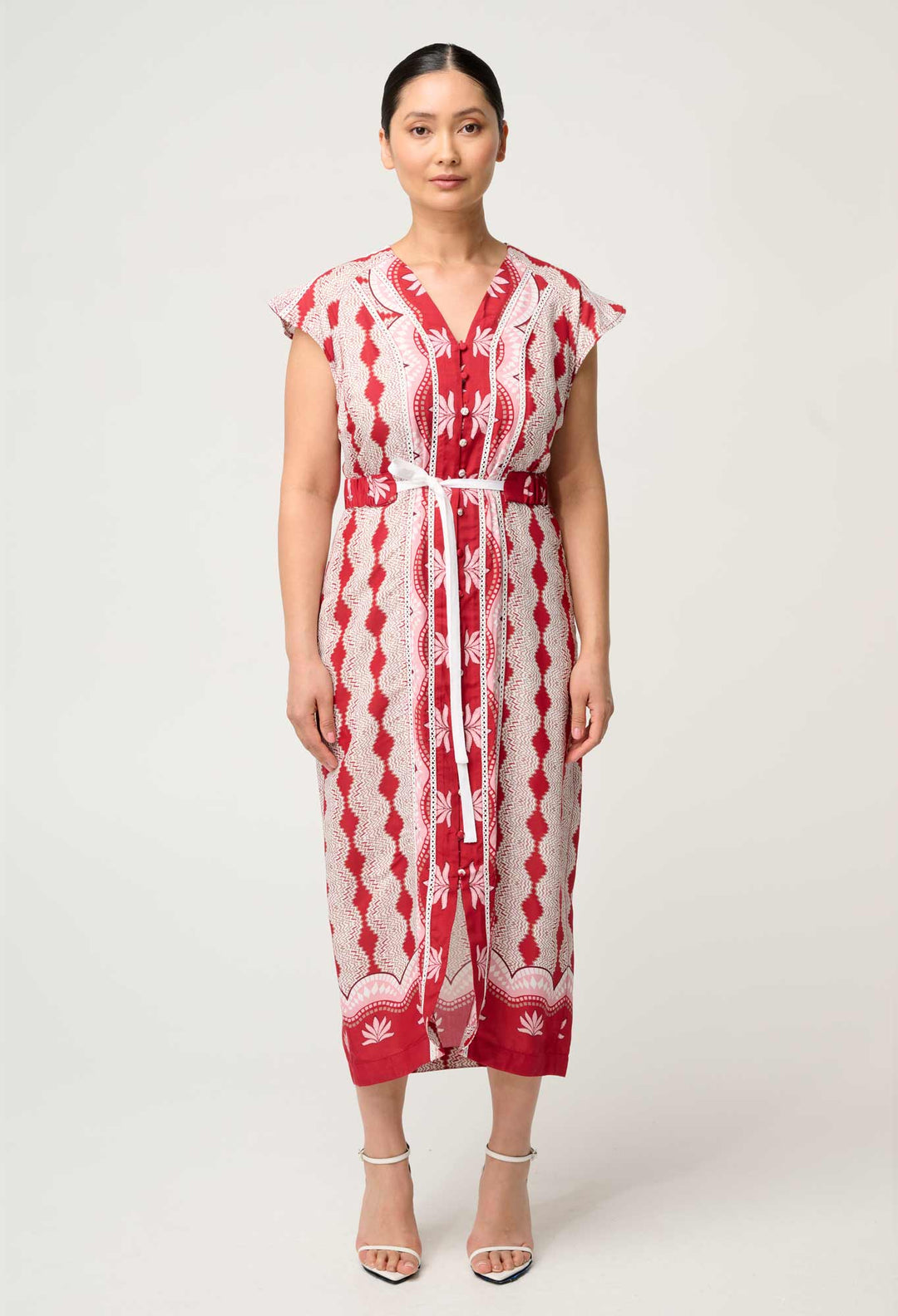 OnceWas Petite Maya Viscose Faille Lace Trim Midi Dress in Marrakech Ruby