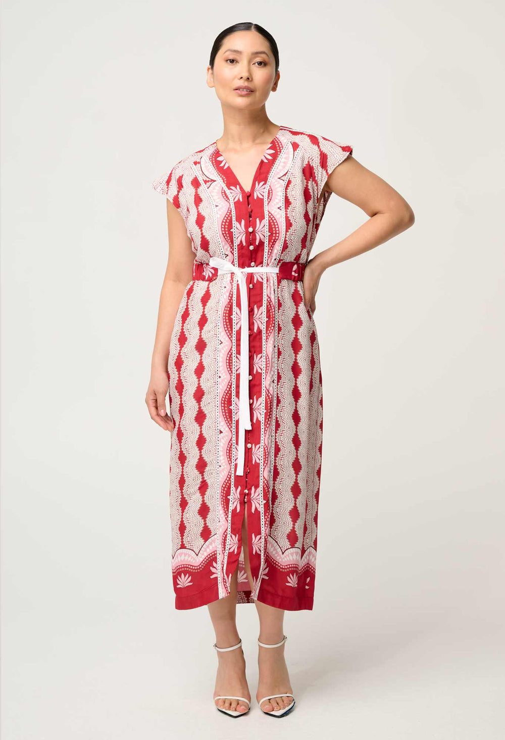 OnceWas Petite Maya Viscose Faille Lace Trim Midi Dress in Marrakech Ruby