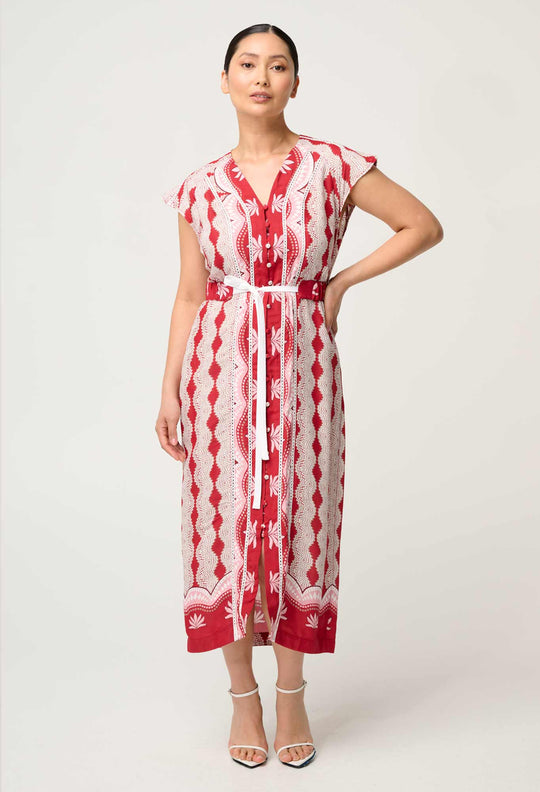OnceWas Petite Maya Viscose Faille Lace Trim Midi Dress in Marrakech Ruby