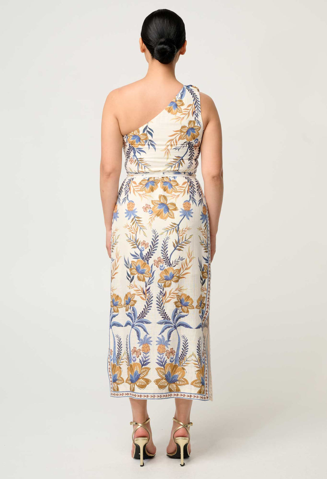 OnceWas PETITE  Amira One Shoulder Tie Linen Viscose Dress in Golden Medina