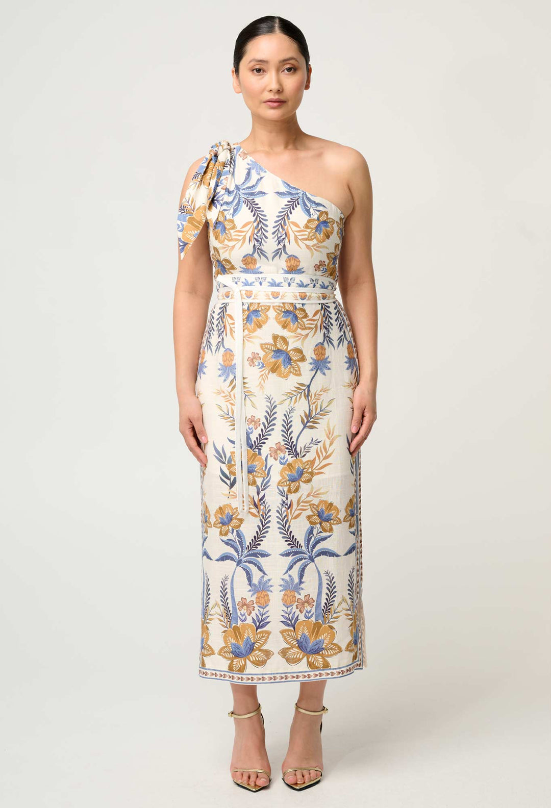 OnceWas PETITE  Amira One Shoulder Tie Linen Viscose Dress in Golden Medina