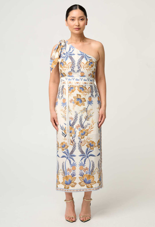 OnceWas PETITE  Amira One Shoulder Tie Linen Viscose Dress in Golden Medina