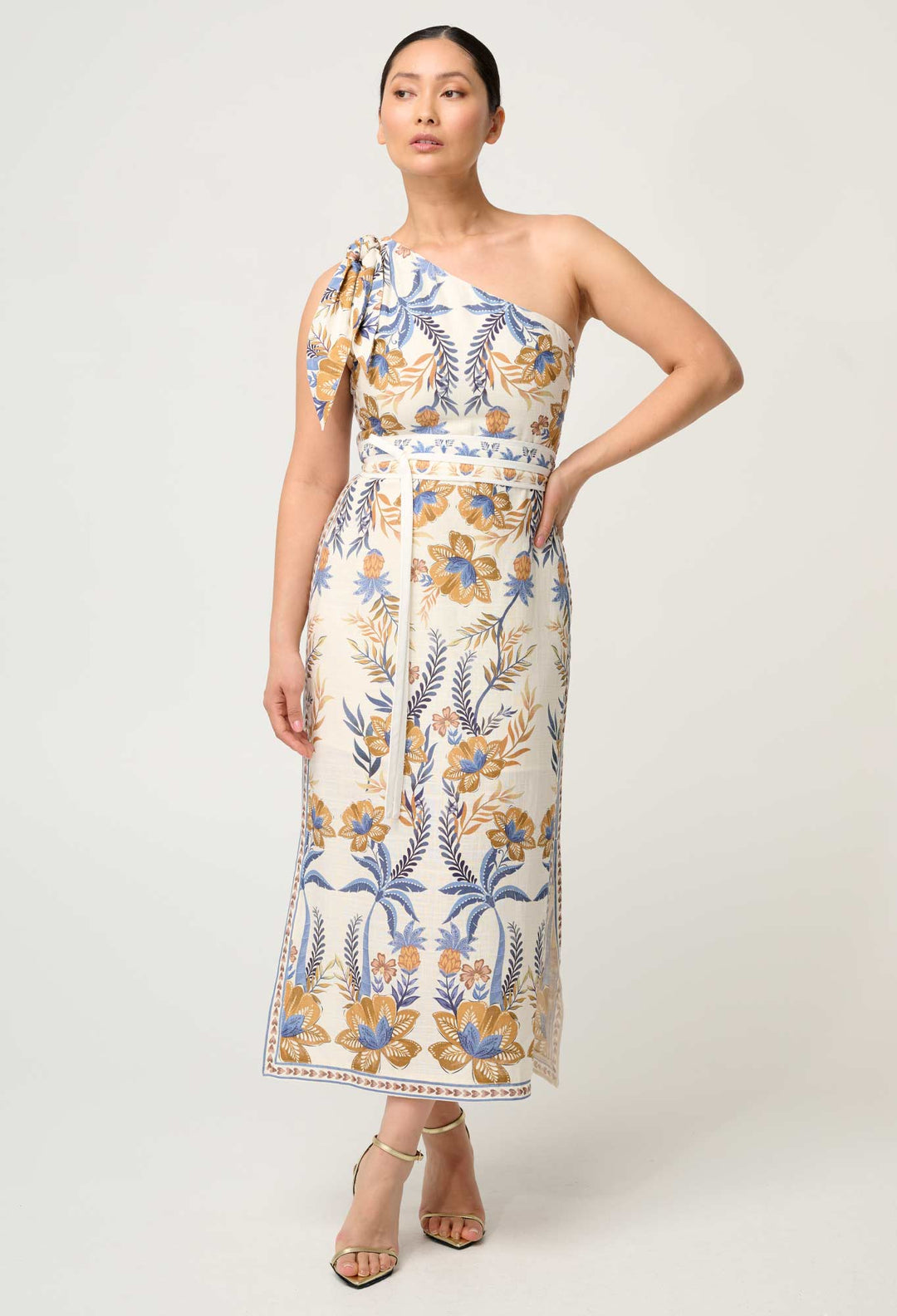 OnceWas PETITE  Amira One Shoulder Tie Linen Viscose Dress in Golden Medina