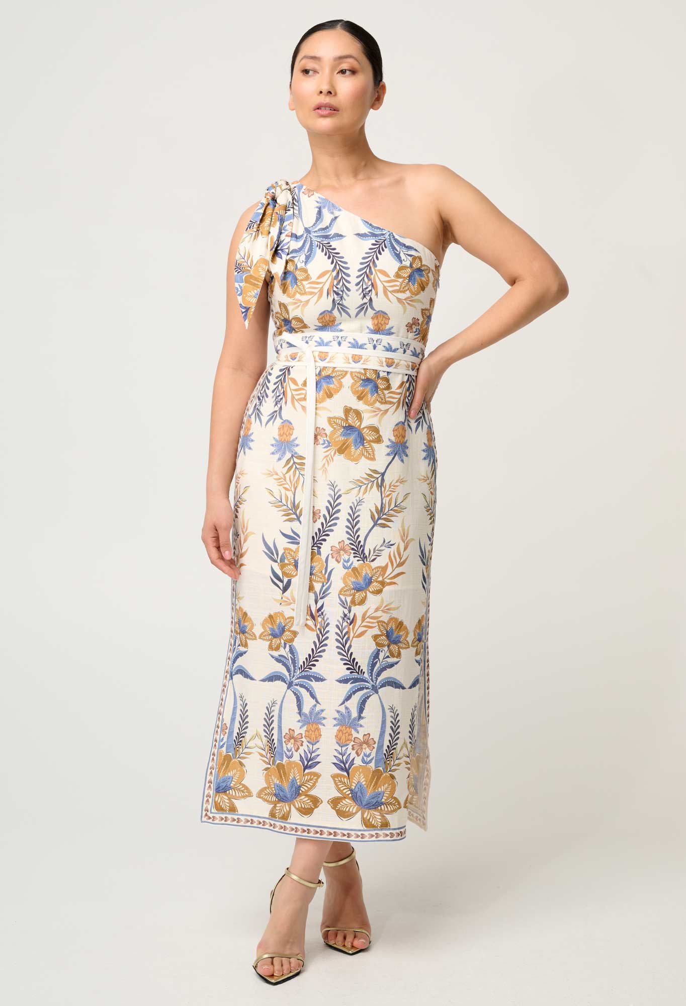 OnceWas PETITE  Amira One Shoulder Tie Linen Viscose Dress in Golden Medina