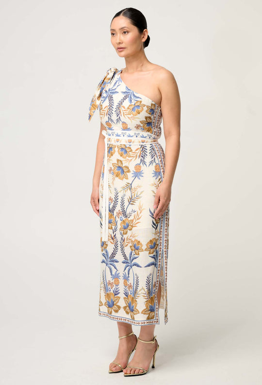 OnceWas PETITE  Amira One Shoulder Tie Linen Viscose Dress in Golden Medina