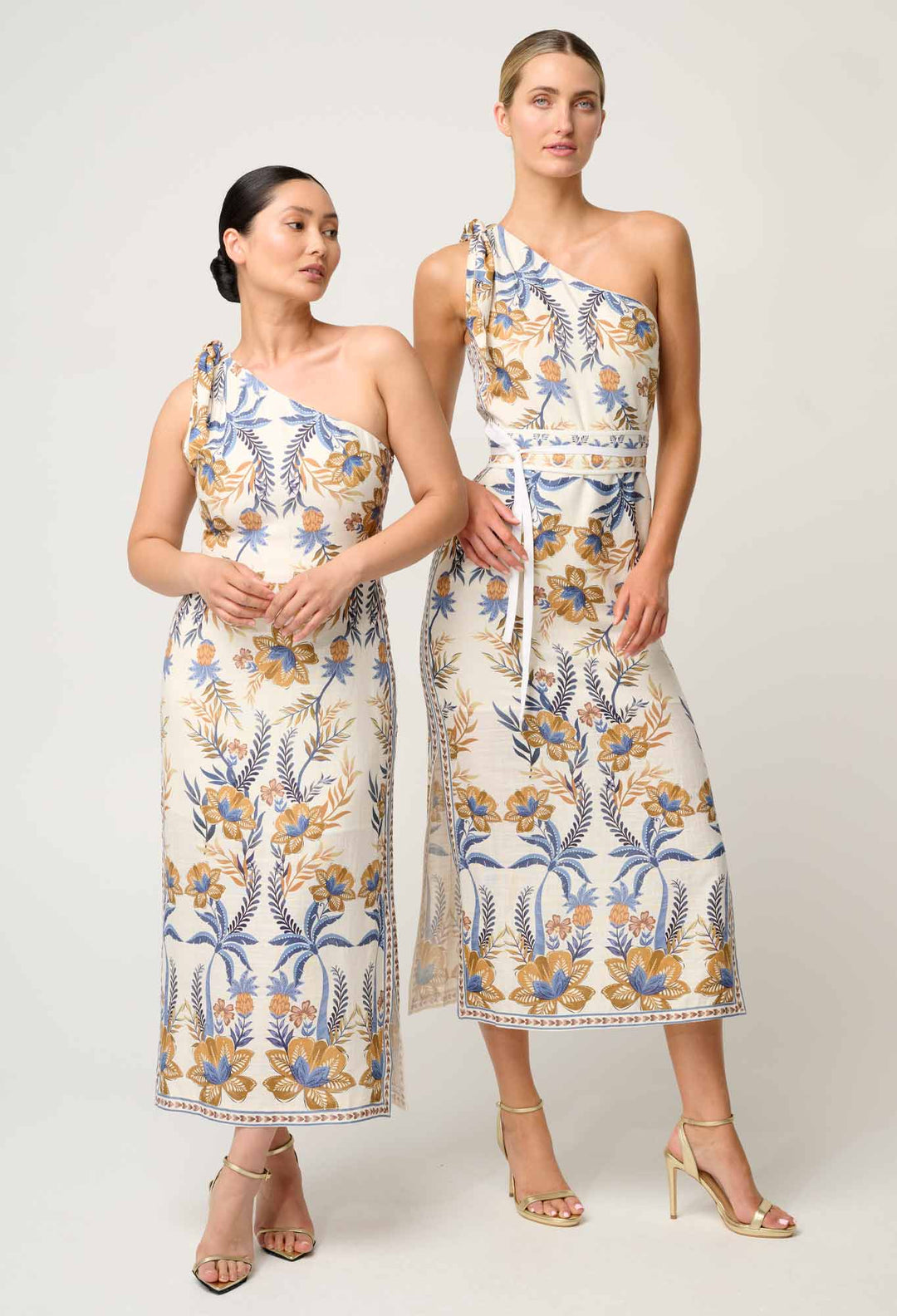 OnceWas PETITE  Amira One Shoulder Tie Linen Viscose Dress in Golden Medina