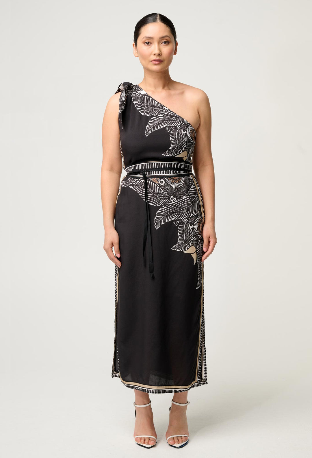 Petite Amira One Shoulder Viscose Faille Dress in Onyx Casablanca