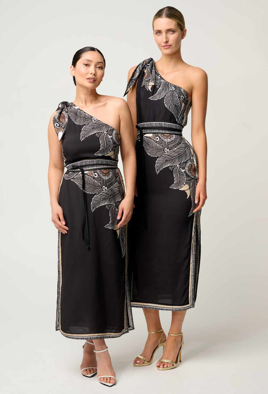 Petite Amira One Shoulder Viscose Faille Dress in Onyx Casablanca