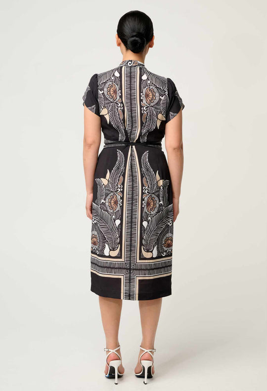 Petite Maha Diamond Smock Yoke Viscose Dress in Onyx Casablanca