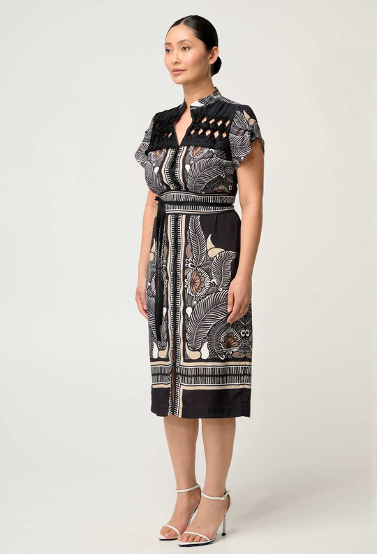 Petite Maha Diamond Smock Yoke Viscose Dress in Onyx Casablanca