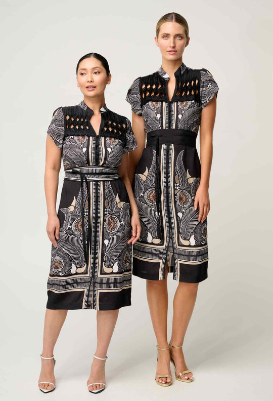 Petite Maha Diamond Smock Yoke Viscose Dress in Onyx Casablanca